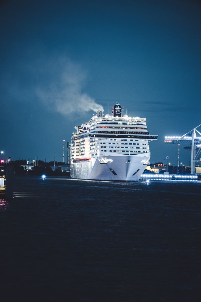 Large cruise ship gracefully sailing at night in a busy harbor.